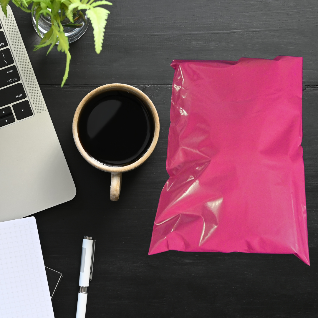 Pink coloured poly mailing bags - strong self-seal postal bags