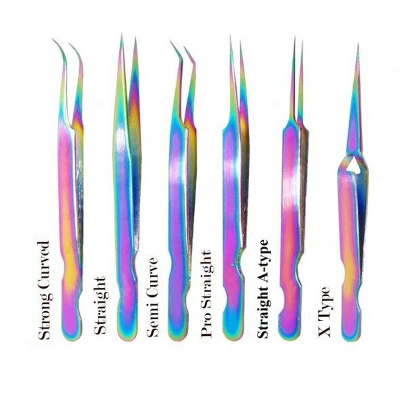 Set of 6 Individual Eyelash Extension Tweezers Stainless Steel Rainbow With Case