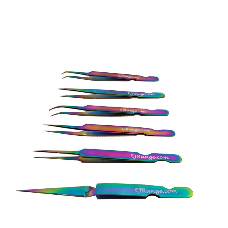 Set of 6 Individual Eyelash Extension Tweezers Stainless Steel Rainbow With Case - Image 3