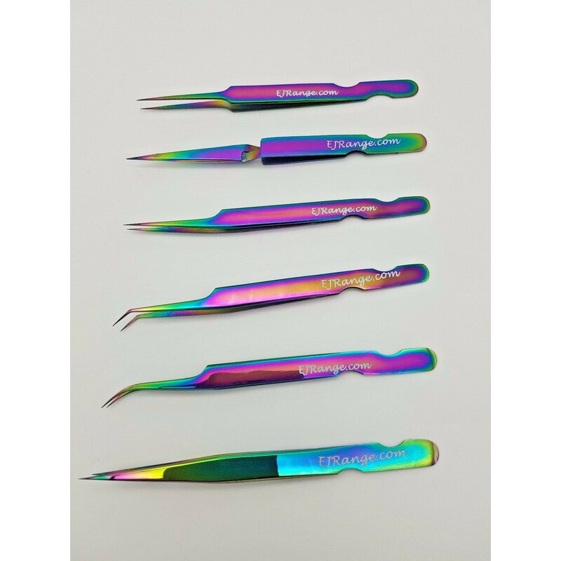 Set of 6 Individual Eyelash Extension Tweezers Stainless Steel Rainbow With Case - Image 6