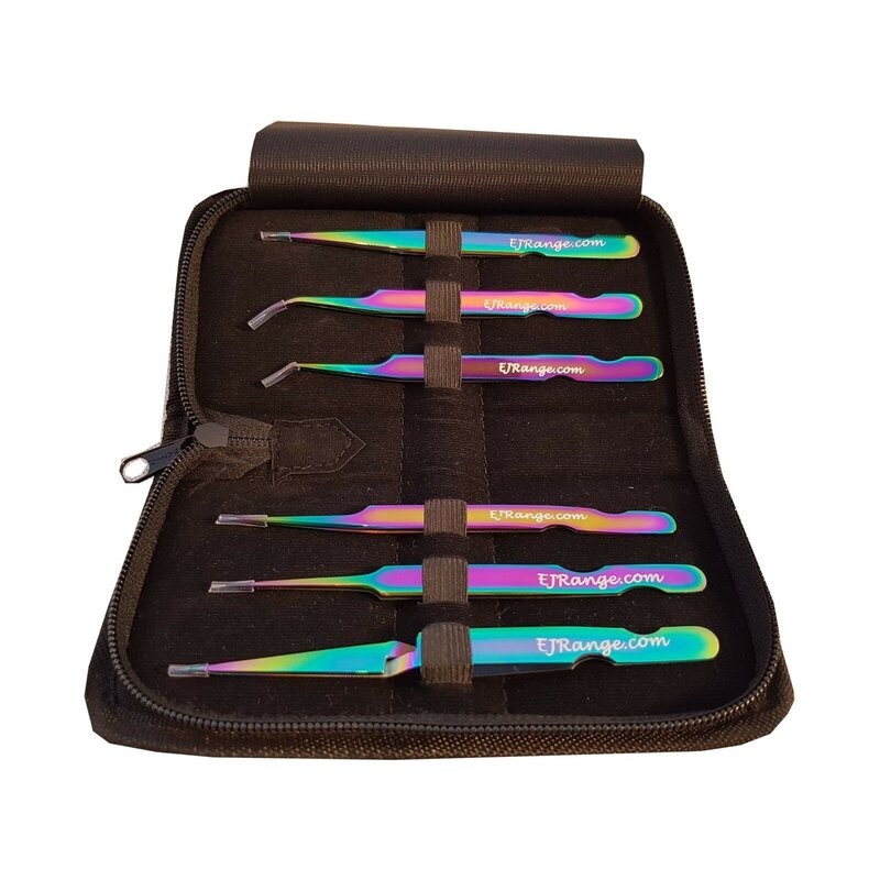 Set of 6 Individual Eyelash Extension Tweezers Stainless Steel Rainbow With Case - Image 2