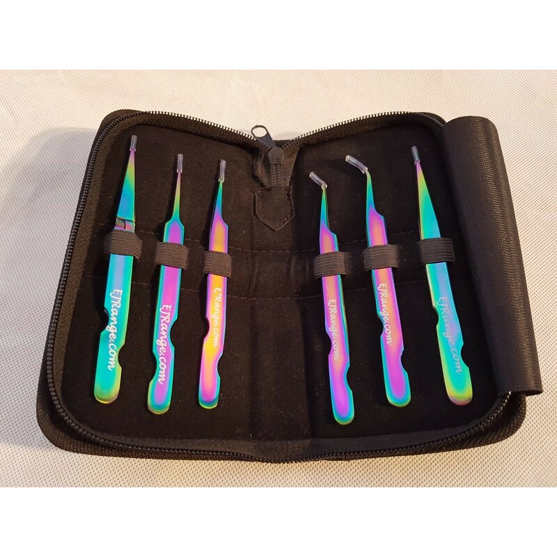 Set of 6 Individual Eyelash Extension Tweezers Stainless Steel Rainbow With Case - Image 4