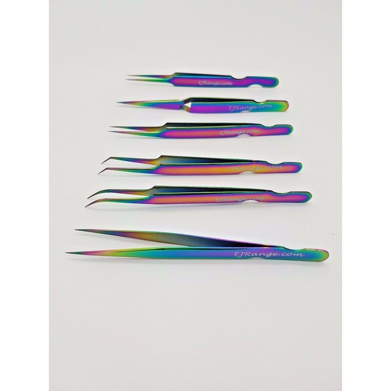 Set of 6 Individual Eyelash Extension Tweezers Stainless Steel Rainbow With Case - Image 5